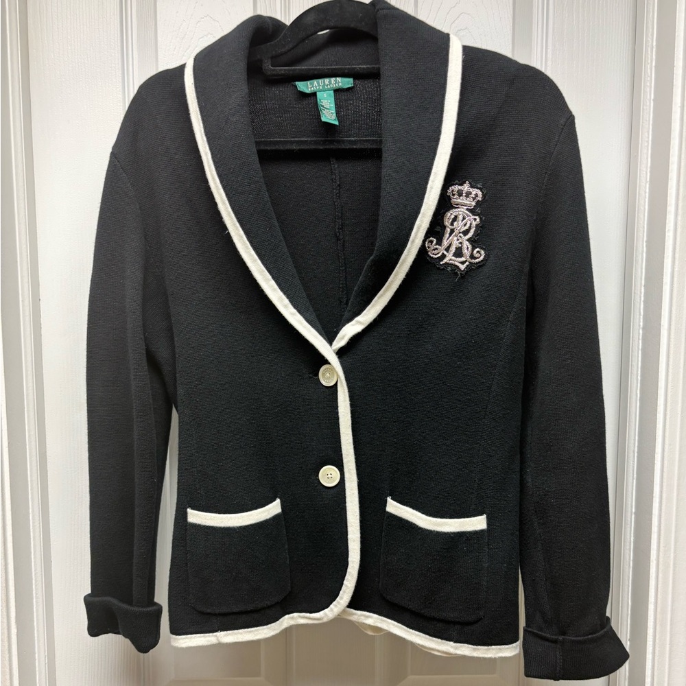 Lauren Ralph Lauren Black Cardigan w/ Crest – Size S